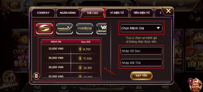 Nạp tiền Sunwin bằng thẻ cào điện thoại