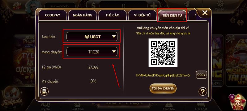 Nạp tiền Sunwin bằng tiền điện tử USDT