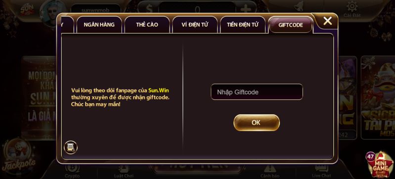 Bấm vào mục giftcode và nhập code